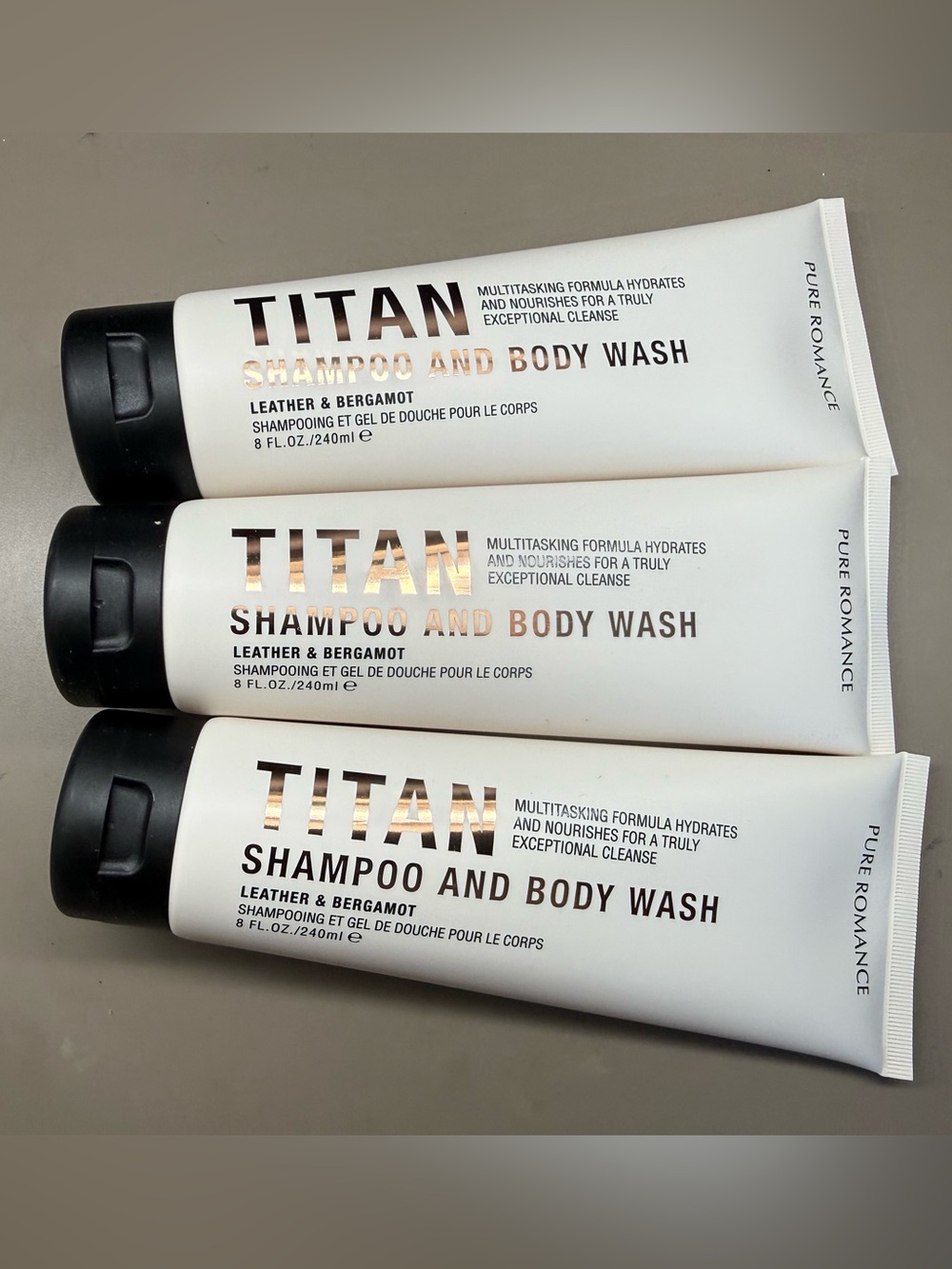 New Sealed 3X Unisex Pure Romance Titan Shampoo Body Wash Leather & Bergamot 8oz